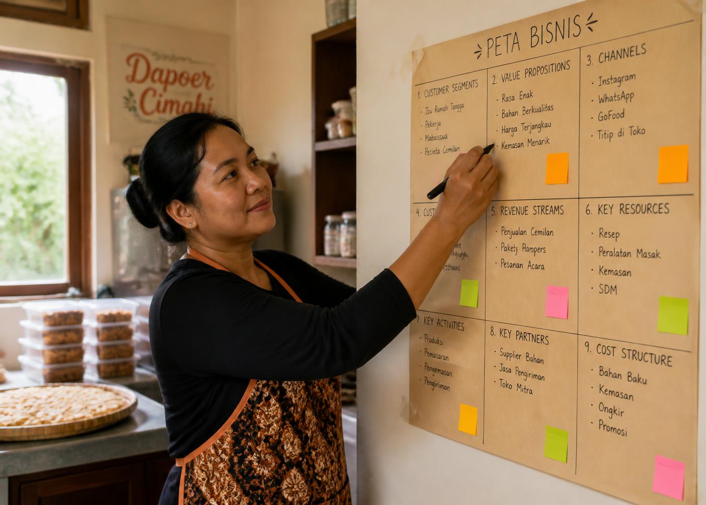 Pemilik UMKM menuliskan sembilan kotak model bisnis usahanya di papan kertas dapur